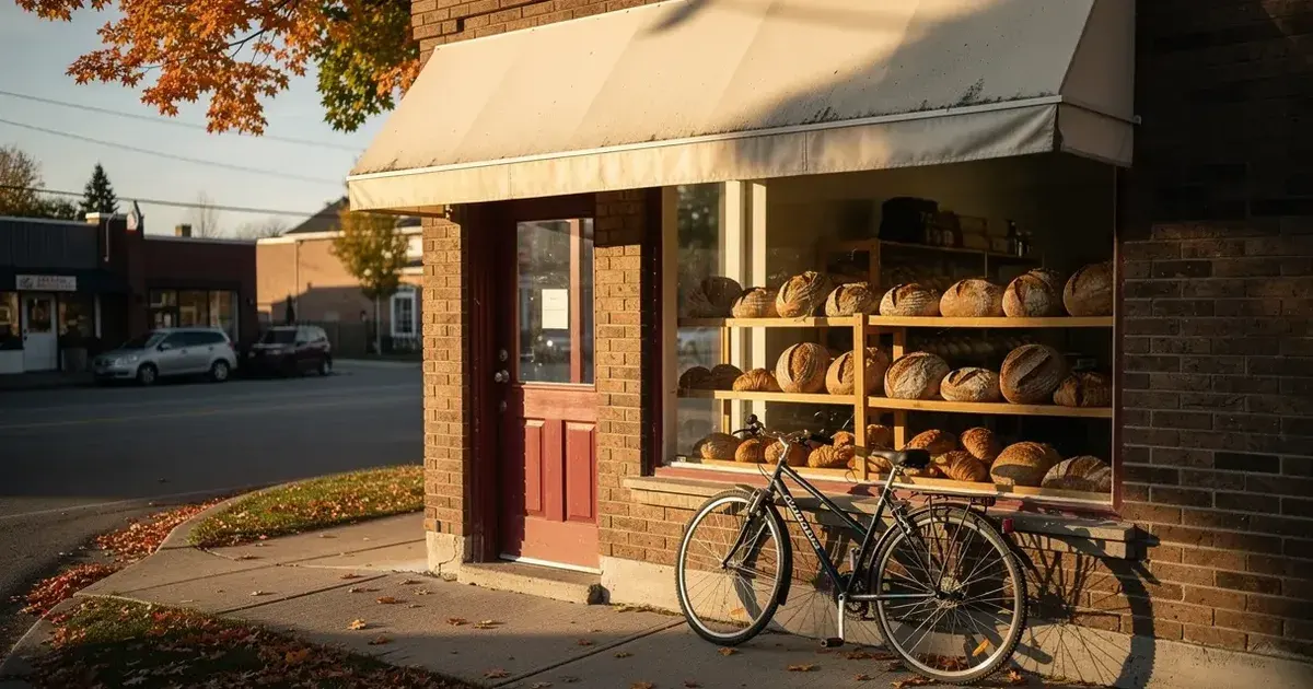 Une boulangerie de quartier en brique, des miches de pain dans la vitrine, un samedi matin d'automne.