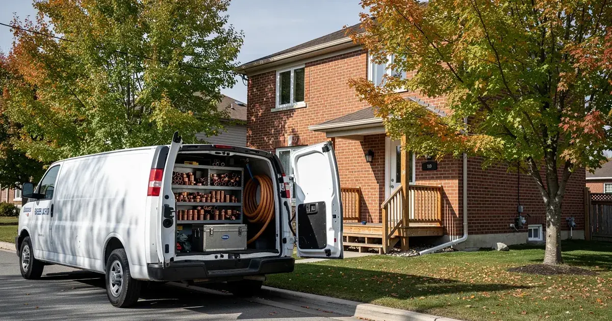 Une camionnette de plombier blanche, portes arrière ouvertes, stationnée devant une maison de brique à Joliette.