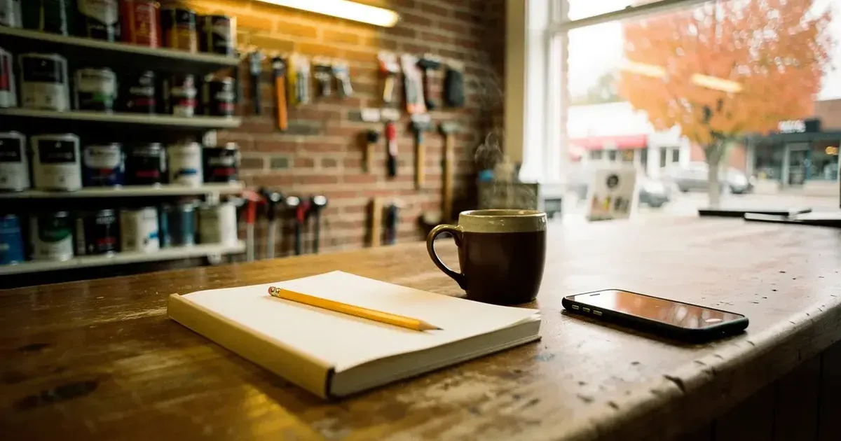 Le comptoir de bois d'une quincaillerie de quartier en octobre, un cahier fermé, un crayon, un café et un cellulaire, un érable orange dans la vitrine.