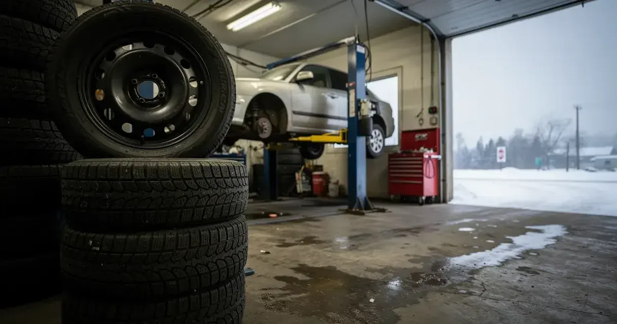 Un petit garage de Sherbrooke fin octobre, une pile de pneus d'hiver devant, la première neige derrière la porte ouverte.