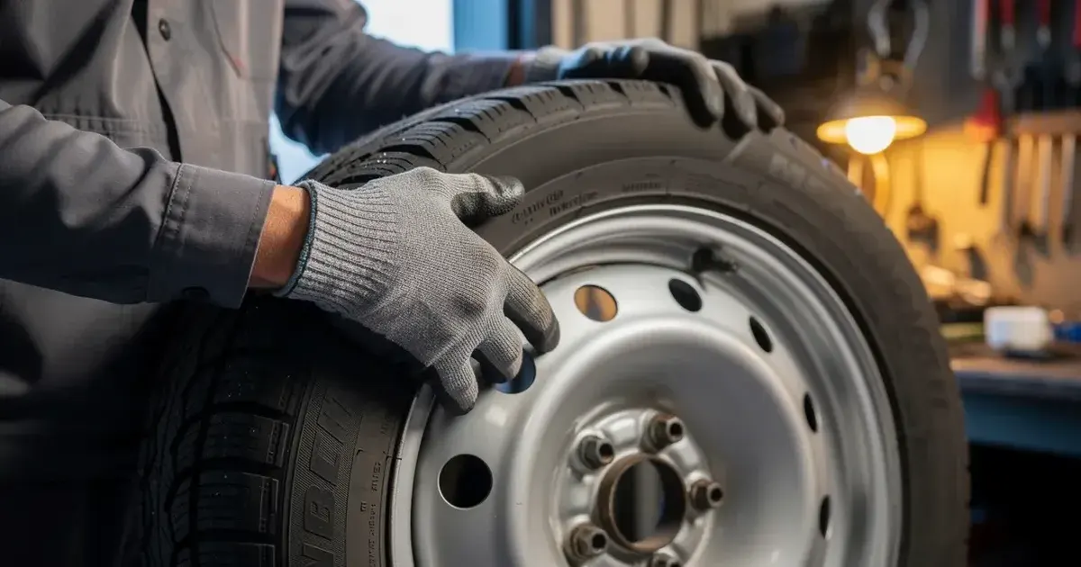 Les mains gantées d'un mécanicien posent un pneu d'hiver sur une roue d'acier.