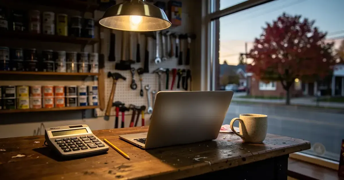 Le comptoir en bois d'une quincaillerie après la fermeture, un portable ouvert, une calculatrice, un crayon et une tasse de café.